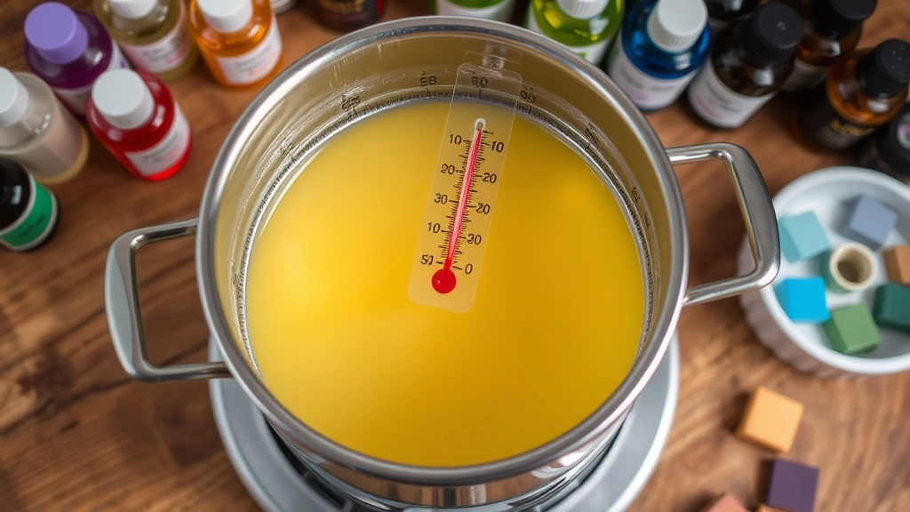 Close-up of melted wax in double boiler with thermometer showing temperature, surrounded by fragrance bottles and dye blocks on wooden crafting table