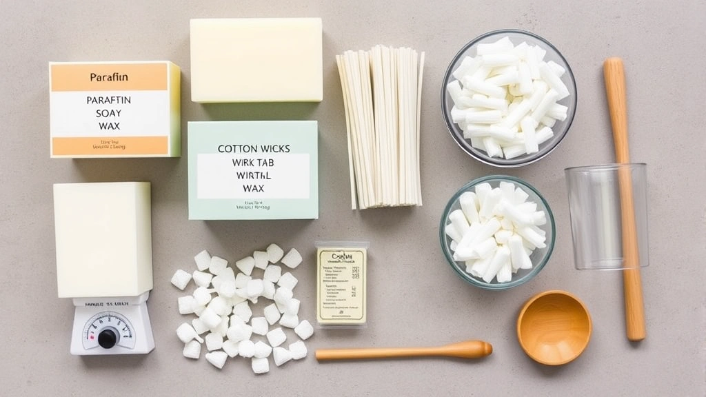 Flat lay of candle-making supplies including paraffin and soy wax blocks, cotton wicks, wick tabs, glass containers, measuring scale, and wooden stirring spoon