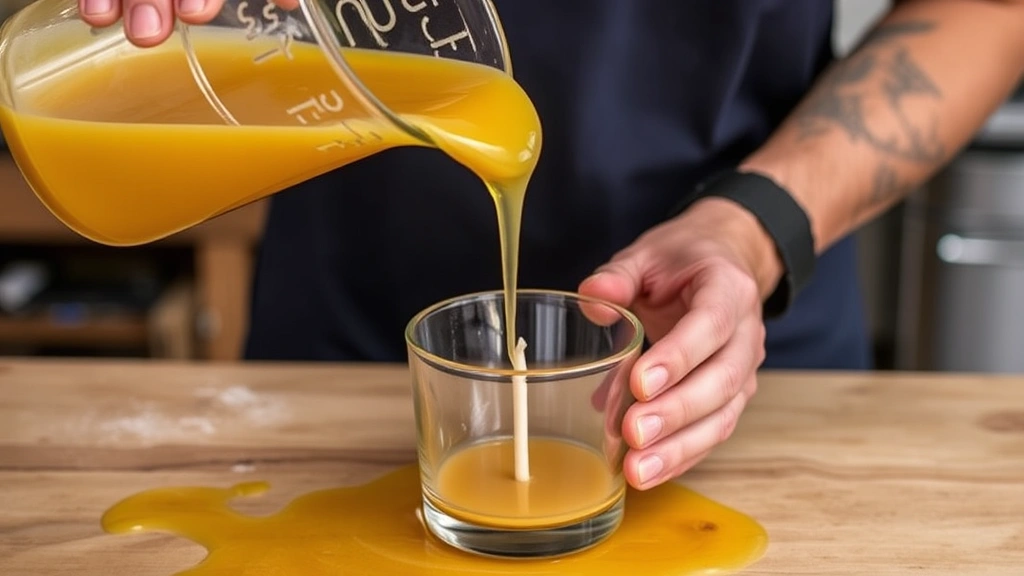Hands pouring golden melted wax into clear glass container with centered wick holder, showing proper pouring technique at candlemaking workstation