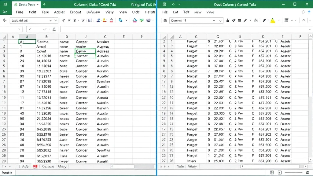 Split-screen view of Excel workbook showing original data in column A (full names, addresses) on left side and successfully separated data in columns B, C, D on right side, highlighting the before-and-after results