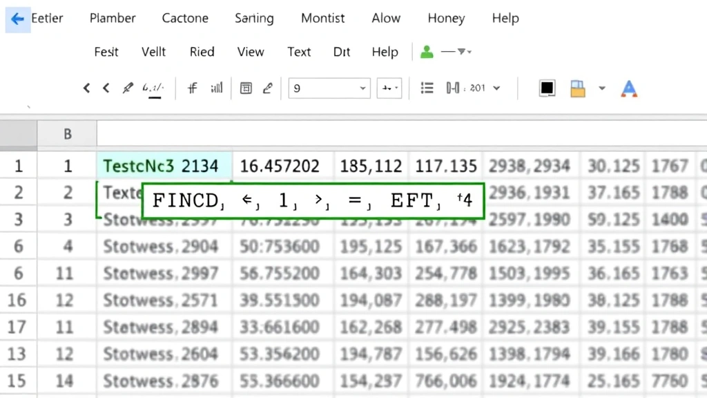 Detailed view of Excel formula bar displaying complex text splitting formula with FIND and LEFT functions, cell reference highlighted, spreadsheet background showing multiple rows of data being processed