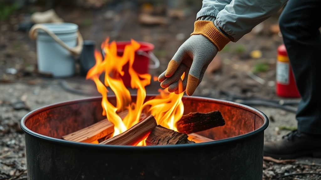 Person wearing work gloves safely tending to established campfire in metal fire pit ring with water bucket and fire extinguisher visible in background