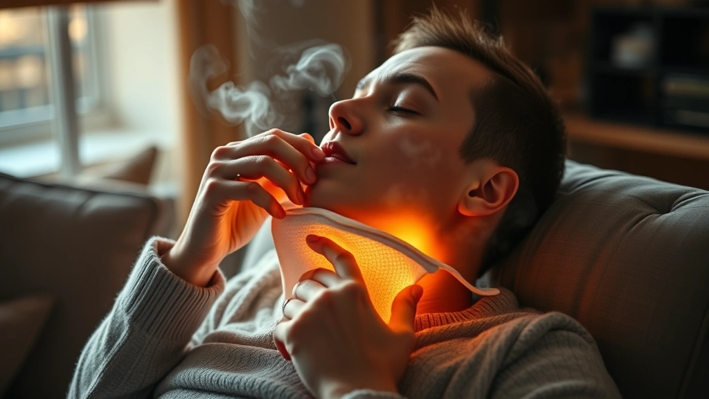 Person applying warm compress to jaw area while sitting comfortably, steam visible, relaxed posture, warm ambient lighting, showing heat therapy application for jaw muscle relaxation
