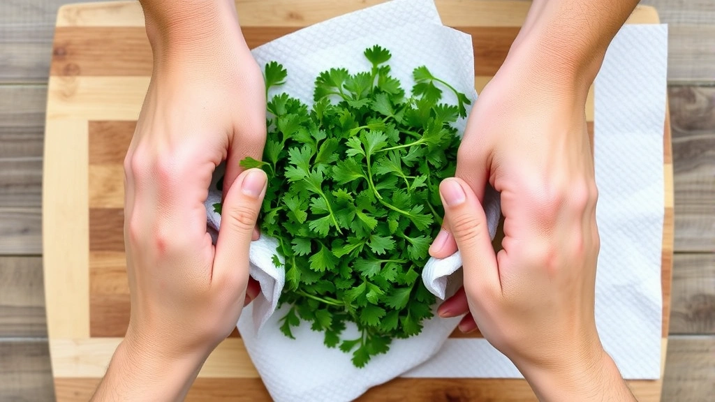 Hands carefully wrapping fresh green cilantro in white paper towels on wooden cutting board, showing gentle technique without crushing delicate leaves