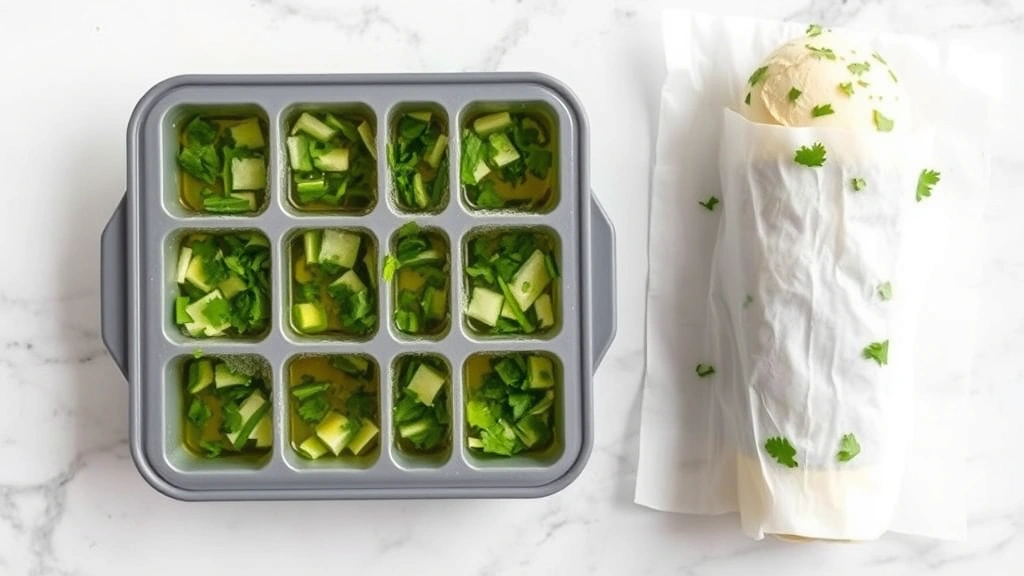 Ice cube tray filled with frozen chopped cilantro in oil, alongside frozen cilantro butter log wrapped in parchment paper on marble countertop