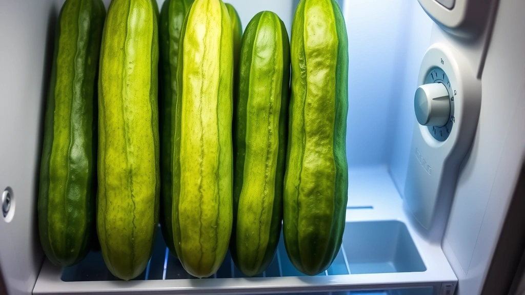 Fresh crisp cucumbers arranged vertically in refrigerator crisper drawer with humidity control dial visible, proper spacing between each cucumber, soft LED lighting