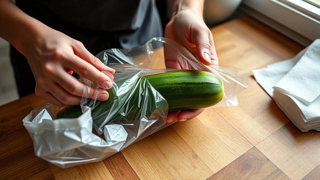 Hands wrapping individual cucumber in clear plastic wrap on wooden kitchen counter with paper towels nearby, natural morning light from window, close-up detail