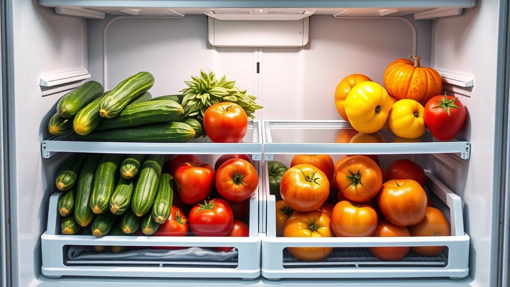Assorted fresh produce display showing cucumbers separated in compartment away from apples and tomatoes on opposite side, modern kitchen refrigerator interior, organized arrangement