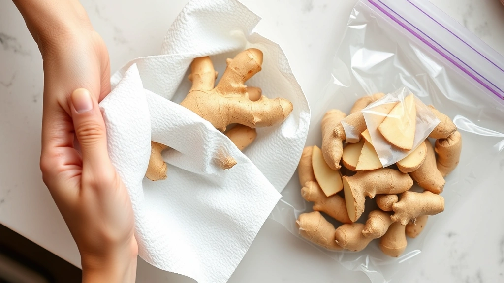Close-up of hands wrapping fresh ginger root in white paper towel beside a clear plastic storage bag on a light kitchen counter