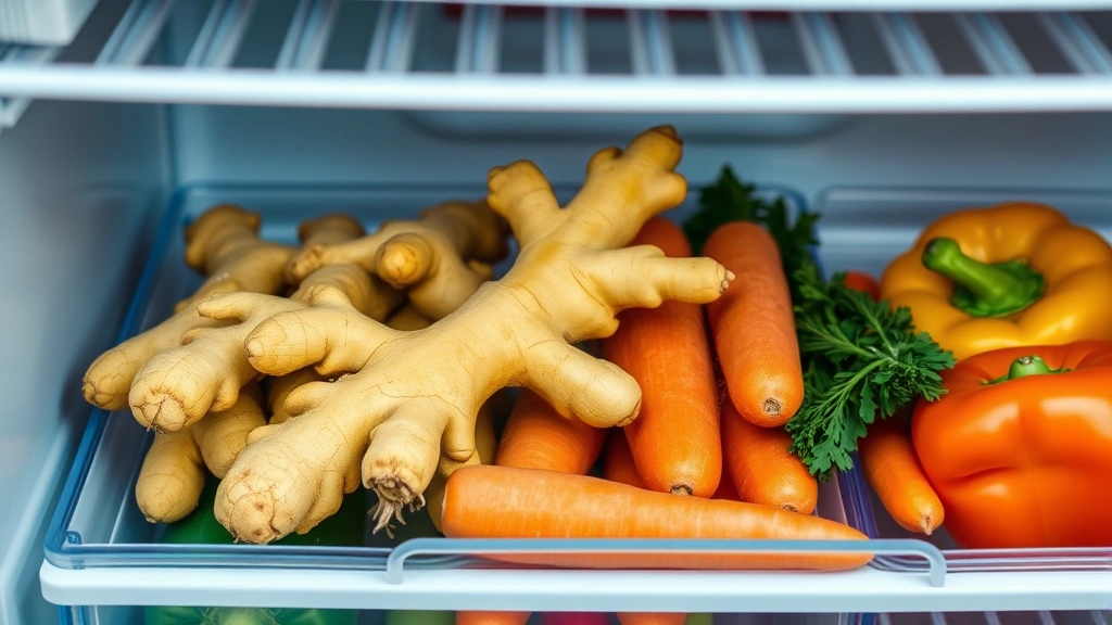 Organized refrigerator vegetable crisper drawer showing fresh ginger root stored alongside other fresh produce like carrots and bell peppers