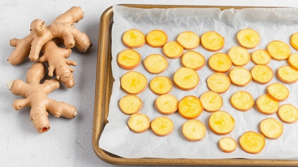 Ginger slices arranged on a baking sheet lined with parchment paper in preparation for oven drying, with whole fresh ginger roots visible nearby