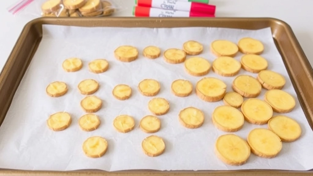 Ginger slices arranged on parchment paper on baking sheet ready for freezing, with freezer bags and markers for labeling in background