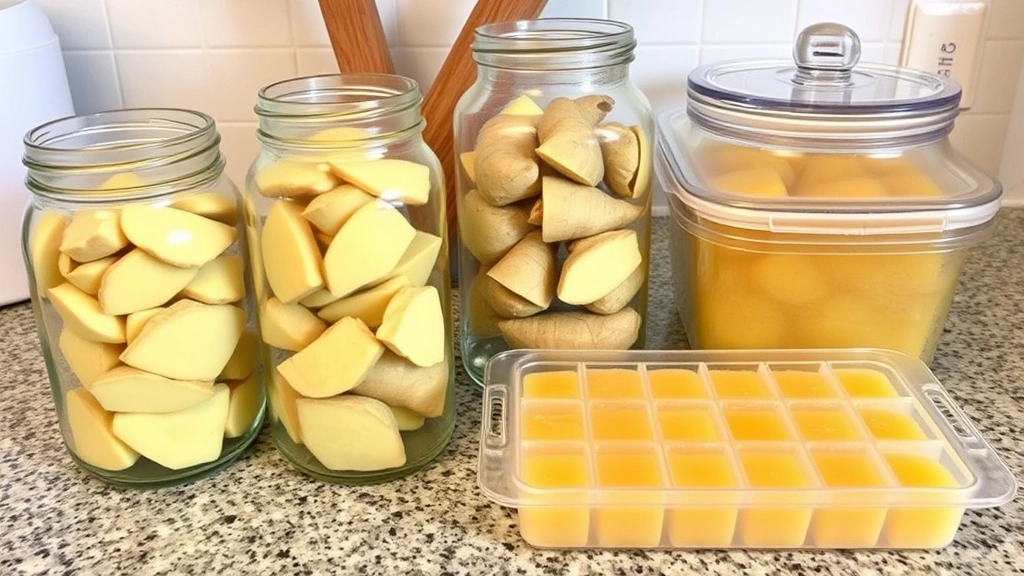 Glass jars and containers with whole ginger pieces, peeled ginger in water, and ginger paste in ice cube trays arranged on kitchen counter