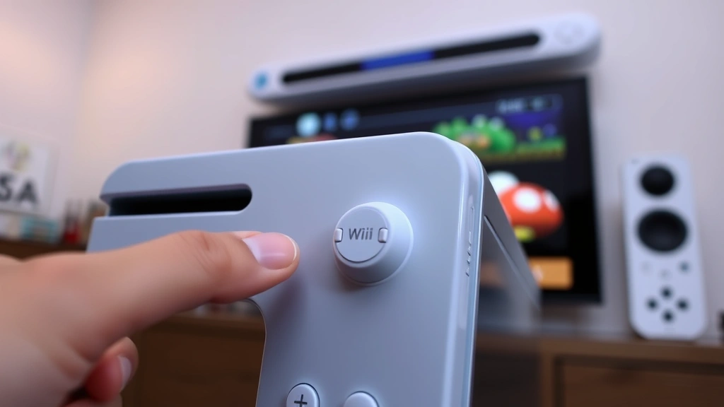 Nintendo Wii console front panel with sync button highlighted, hand pressing the button, living room gaming setup in background with sensor bar above television