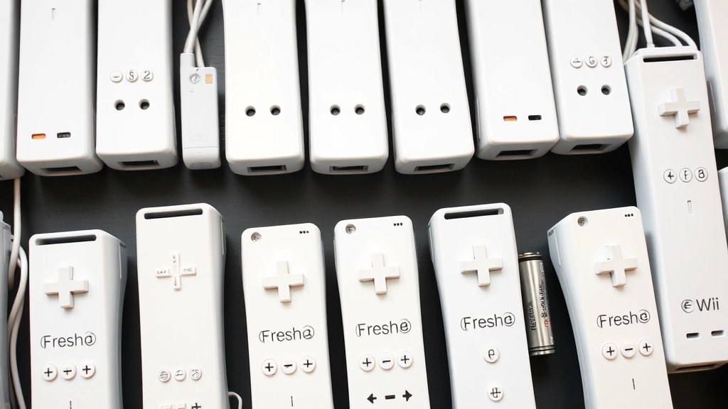 Multiple Wii Remotes arranged with fresh AA batteries displayed, showing proper battery orientation and polarity indicators, clean organized gaming controller collection