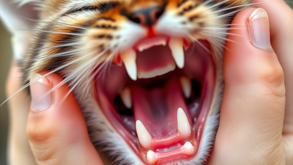 Close-up view of kitten's open mouth showing small white baby teeth erupting through pink gums, hands gently holding kitten's head, bright natural lighting showing dental development clearly