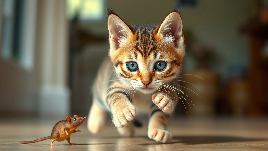 Adorable young tabby kitten with bright blue eyes playing with a toy mouse, pouncing in mid-air with focused expression, natural home setting with soft daylight