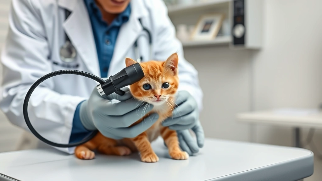Veterinarian in white coat examining small orange kitten during wellness checkup, using otoscope and stethoscope, clean clinical examination table, professional healthcare setting