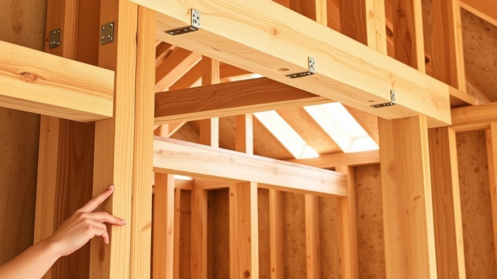 Close-up of doubled wooden studs and heavy header framing in a load-bearing wall opening, showing robust construction details and hardware connections, natural lighting from side, hands pointing to structural elements for scale
