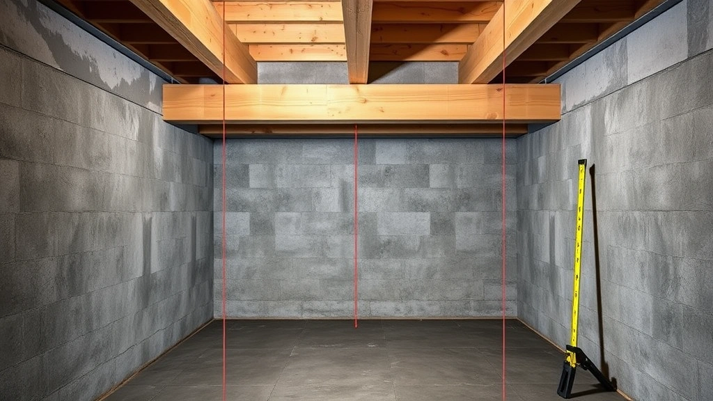 Basement view showing vertical support line from foundation wall up through main beam to floor above, clear sight line showing alignment of structural elements, concrete foundation and wooden beam visible, professional measurement tools nearby