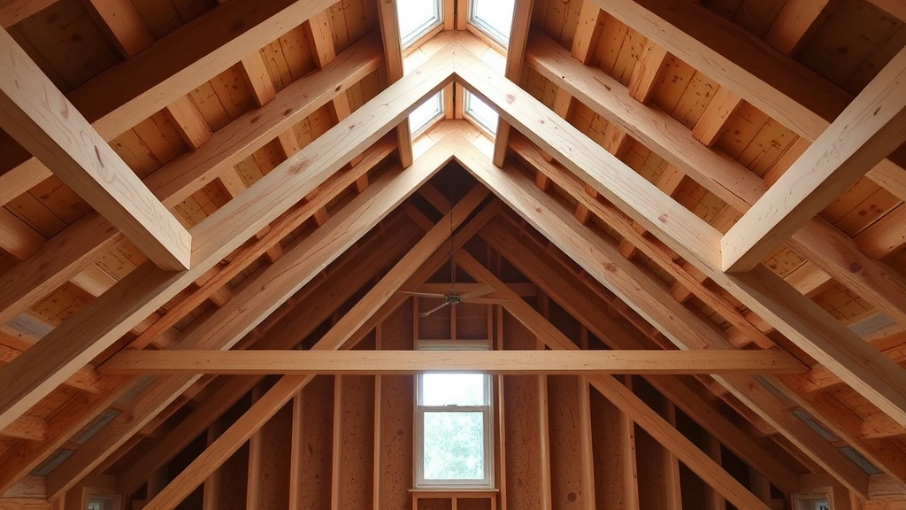 Attic space showing roof rafter orientation, top plate construction details, and perpendicular wall framing, natural light from roof ventilation, focused on structural connections and doubled framing elements
