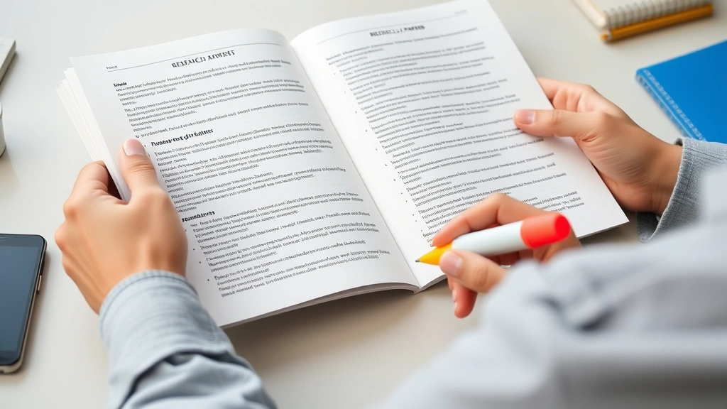 Person reading printed research papers at desk with highlighter and notebook, examining academic journal articles with visible citations and structured sections