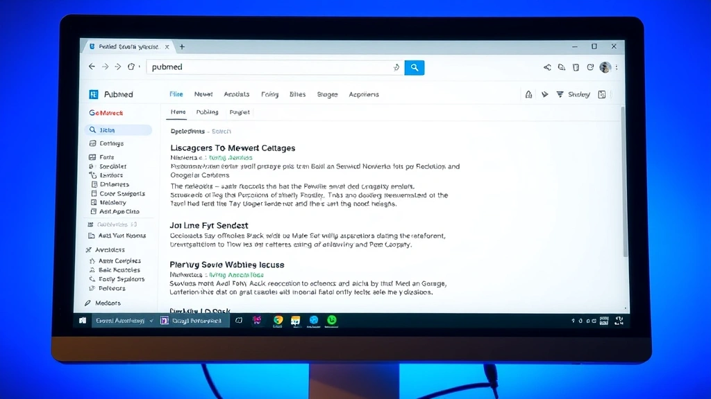 Computer screen displaying academic database search interface like PubMed or Google Scholar with filtered peer-reviewed article results and journal names visible
