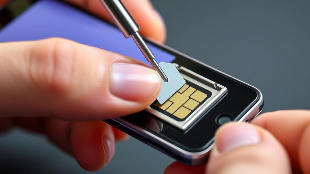 Hands inserting a SIM card into a smartphone SIM card tray using an ejector tool, showing the small metal tray extended from the phone's side, detailed finger positioning