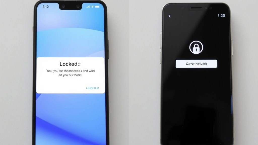 Split-screen comparison showing a locked phone displaying error message on left side and unlocked phone showing carrier network name on right side, both modern smartphones