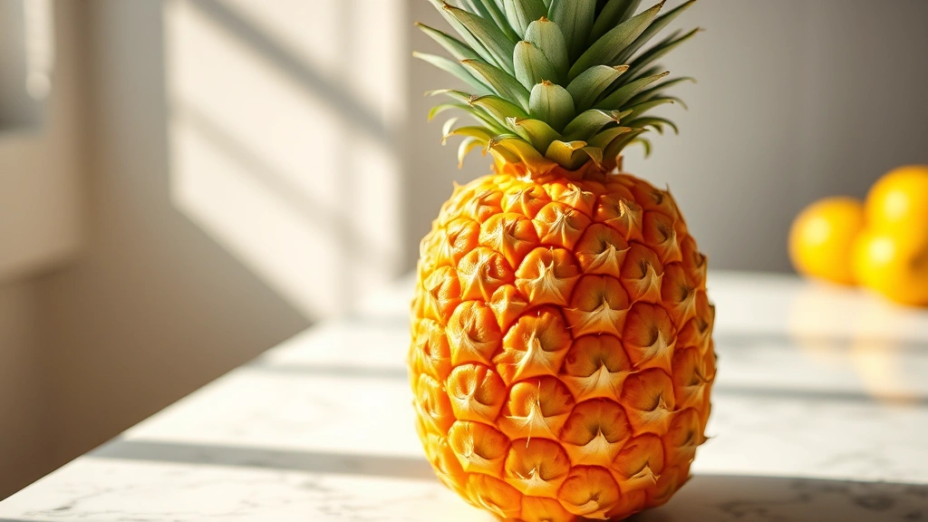 Close-up of golden-yellow ripe pineapple sitting on white marble counter with natural sunlight, showing detailed diamond-patterned skin texture and vibrant crown leaves