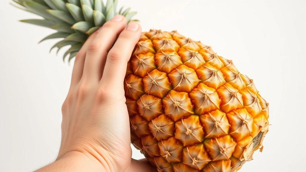Hand gently pressing and squeezing a whole pineapple to demonstrate ripeness test, fingers applying moderate pressure on golden fruit against neutral background