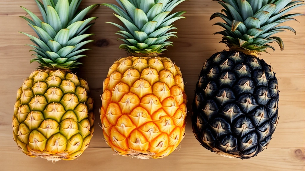 Comparison display of three pineapples showing underripe green, perfectly ripe golden-yellow, and overripe darkened versions arranged side by side on wooden surface