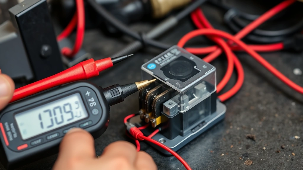 Close-up of a person's hands using a digital multimeter to test relay coil terminals with red and black probe leads against a clean automotive relay on a workbench