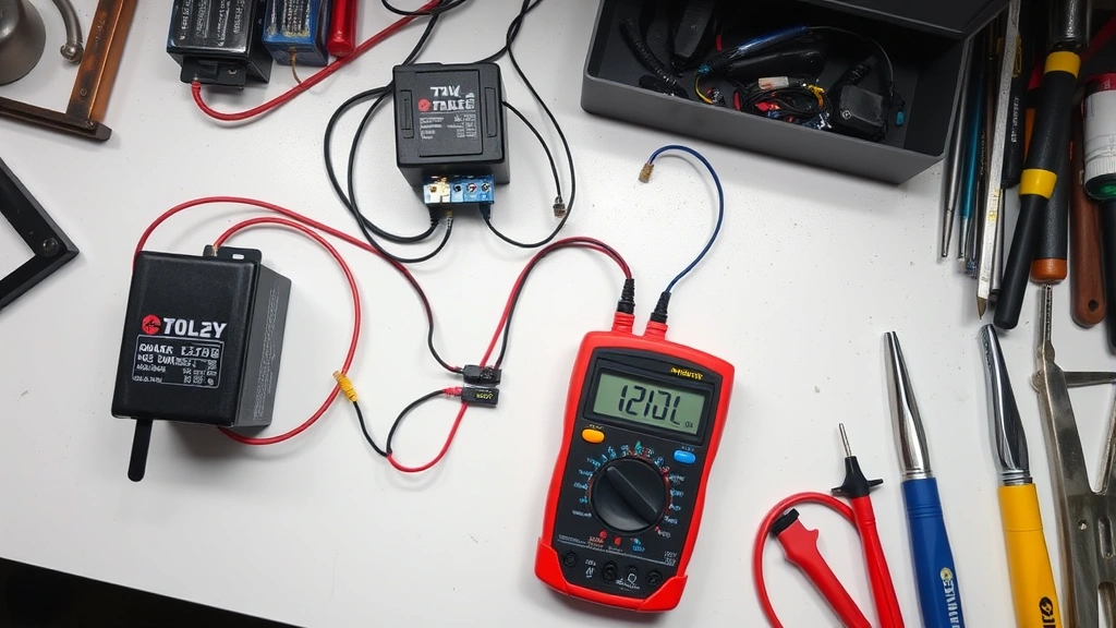 Overhead view of a relay testing setup with a 12V battery, jumper wires, relay socket, and multimeter arranged on a white workbench with tools organized nearby