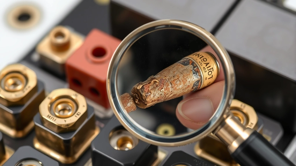Detailed macro photograph showing relay terminal connections with a magnifying glass revealing corrosion and oxidation on brass contact points requiring cleaning