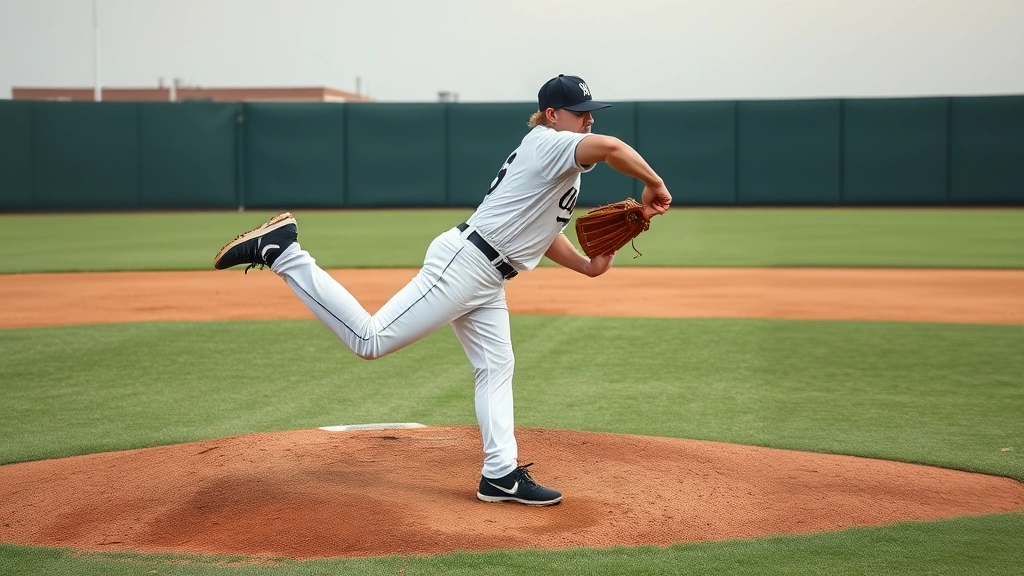 Side-view of baseball pitcher mid-delivery releasing curveball with proper arm slot and wrist pronation, captured mid-motion during practice on mound