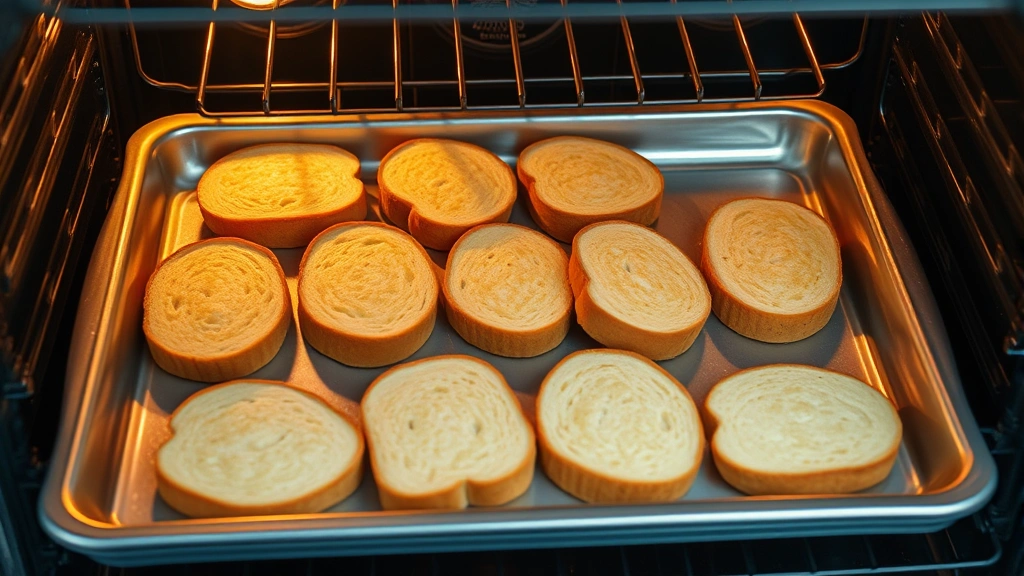 Overhead shot of golden-brown bread slices arranged on a stainless steel baking sheet inside a preheated oven with visible rack, warm lighting showing even browning