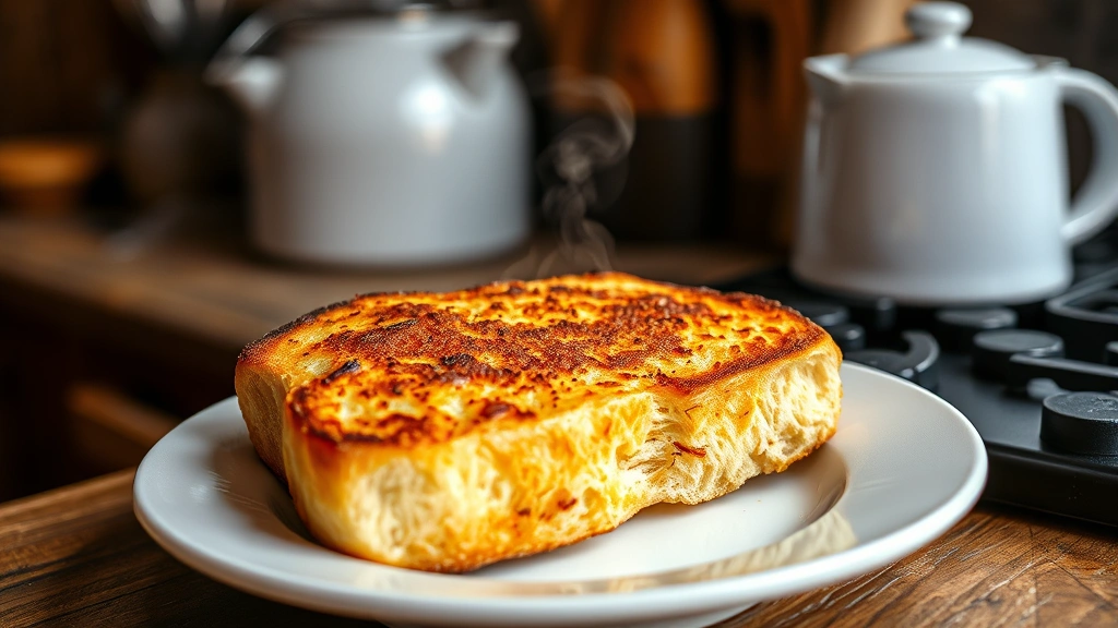 Close-up of freshly toasted bread with crispy golden exterior cooling on a white ceramic plate next to a kitchen counter, steam visible, rustic kitchen background