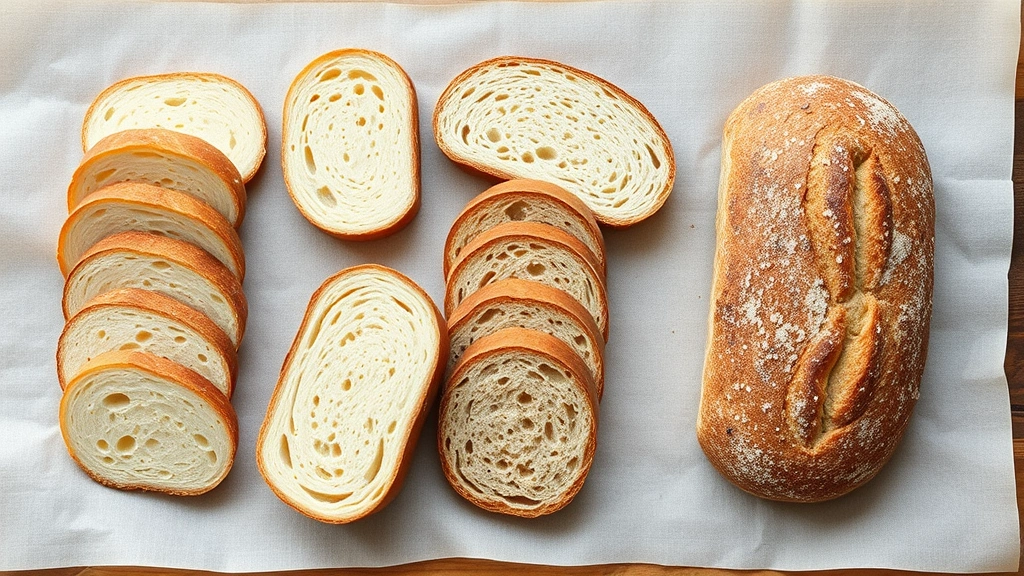 Flat lay composition showing various bread types (white, whole wheat, sourdough) sliced at different thicknesses arranged on baker's parchment, ready for toasting preparation