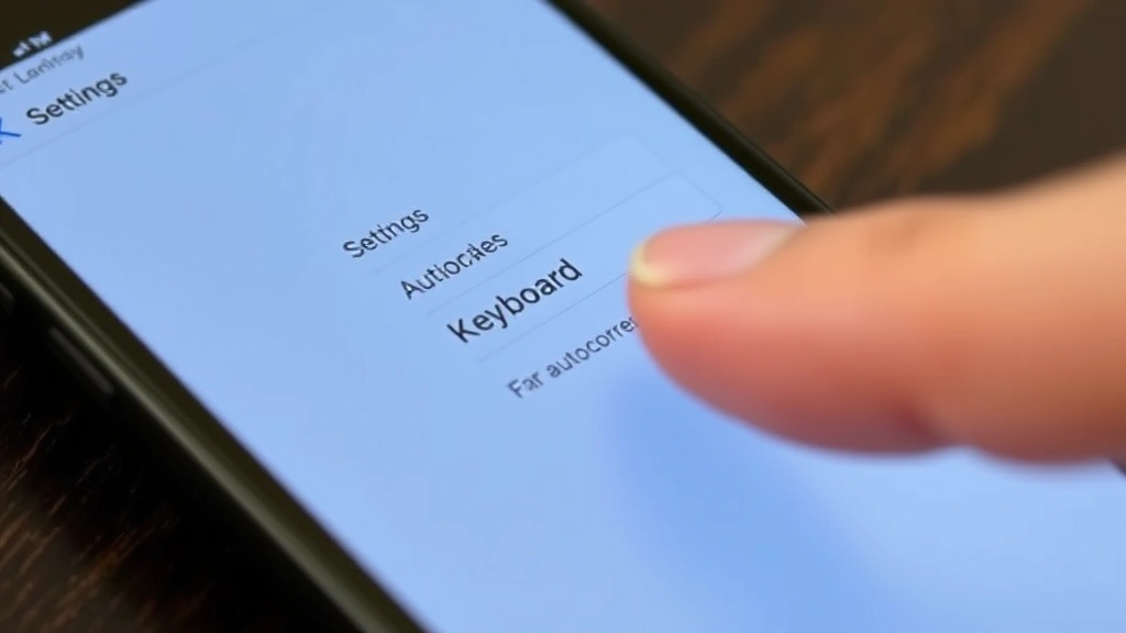 Close-up of smartphone screen showing Settings menu with Keyboard option highlighted, finger about to tap toggle switch for autocorrect, modern device with clean interface