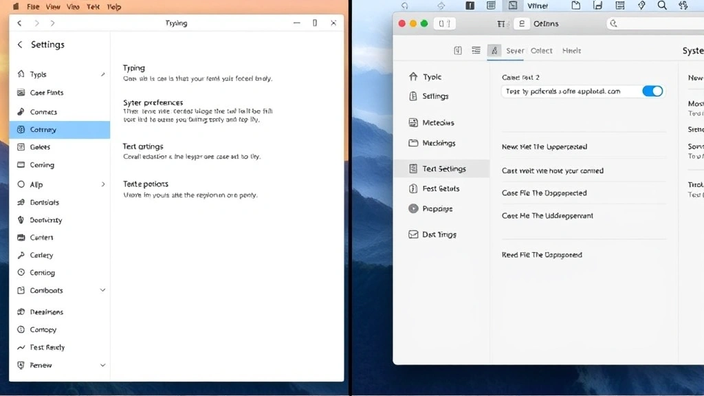 Split-screen comparison showing Windows Settings panel on left with Typing preferences open and Mac System Settings on right with Keyboard text options visible