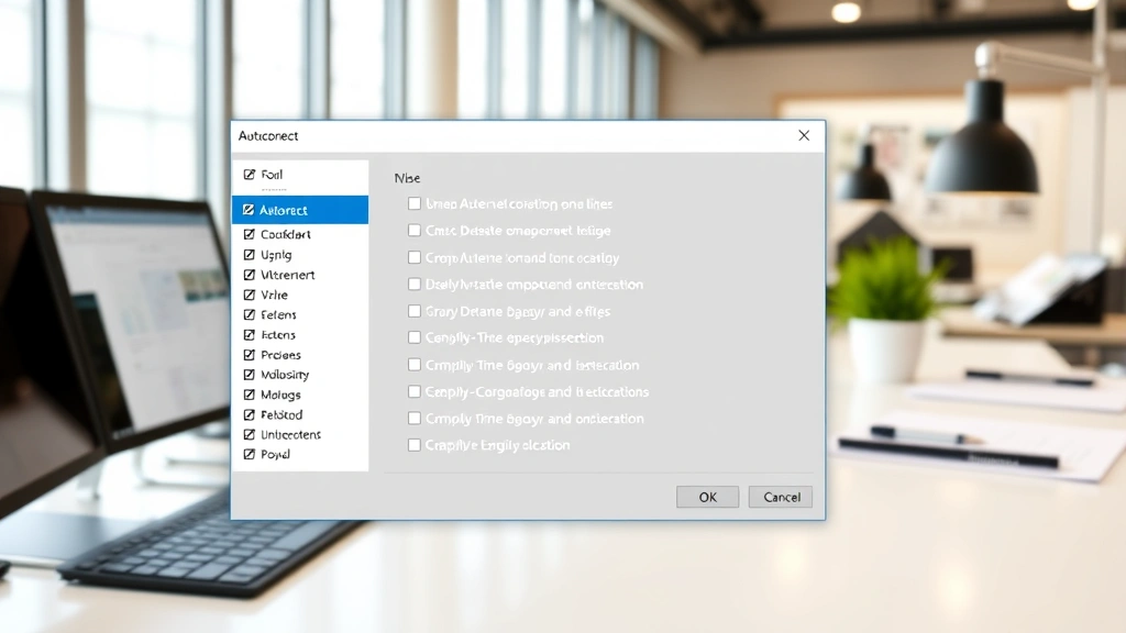 Detailed view of Microsoft Office AutoCorrect dialog box on desktop computer, showing various autocorrect checkboxes and options, professional workspace background