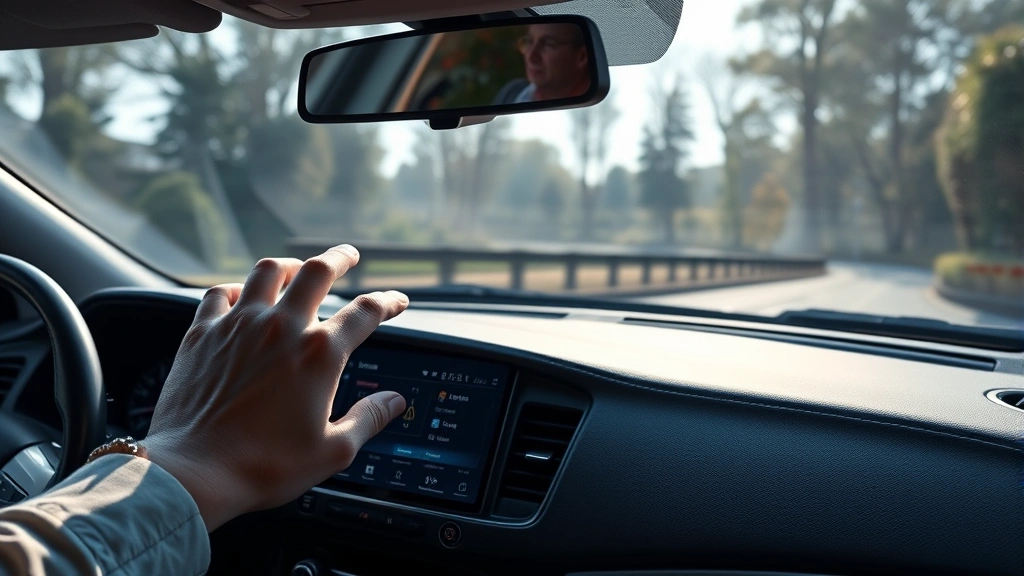 Person's hand reaching toward car dashboard touchscreen to access settings menu, natural daylight through windshield, realistic car interior