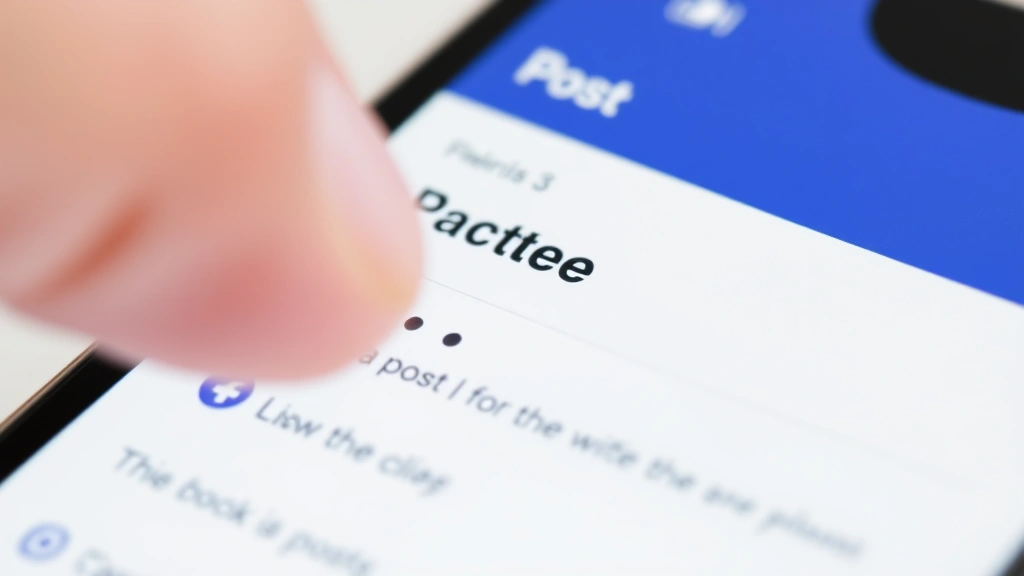 Close-up of smartphone screen showing Facebook post menu with three-dot options button highlighted, modern mobile interface with clean white background and blue Facebook accents, user pointing at screen with finger