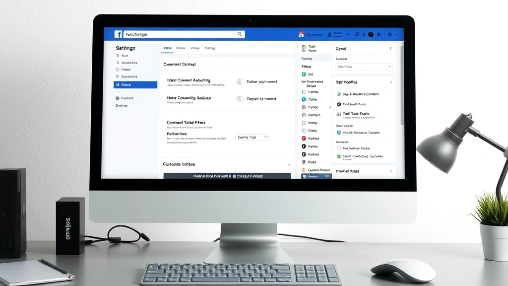 Desktop computer monitor displaying Facebook business page settings interface, Settings menu open showing comment control toggles and filters, organized sidebar with various moderation options visible, professional workspace setup