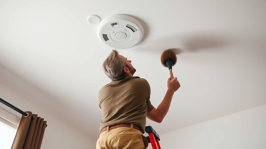 A DIYer standing on a ladder reaching up to a hardwired fire alarm unit mounted on a white drywall ceiling, holding a soft brush for cleaning