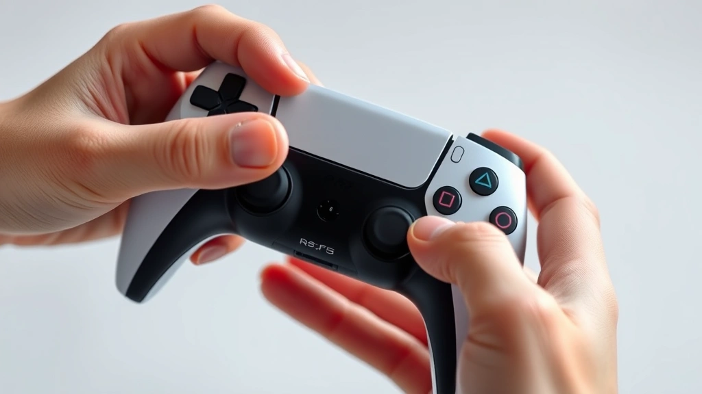 Person holding PS5 DualSense controller while pointing to the back with the small reset button visible, clear detail shot of controller back