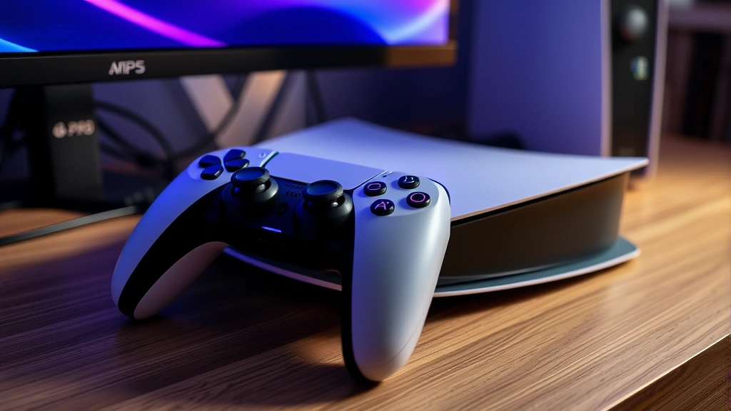 PlayStation 5 console with DualSense controller sitting on gaming desk next to monitor, controller with LED light off showing disconnected state
