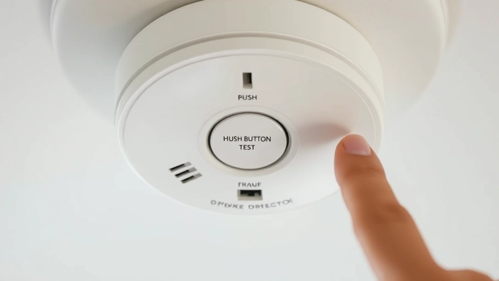 Close-up of a white ceiling-mounted smoke detector with visible hush button and test button labeled, hand pointing to the hush button, realistic home interior background
