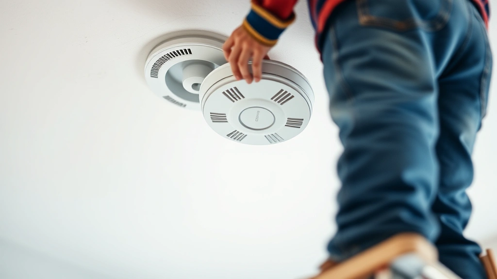 Person in casual clothing standing on a ladder near a ceiling smoke detector, twisting the detector counterclockwise to remove it from the mounting bracket, bright indoor lighting